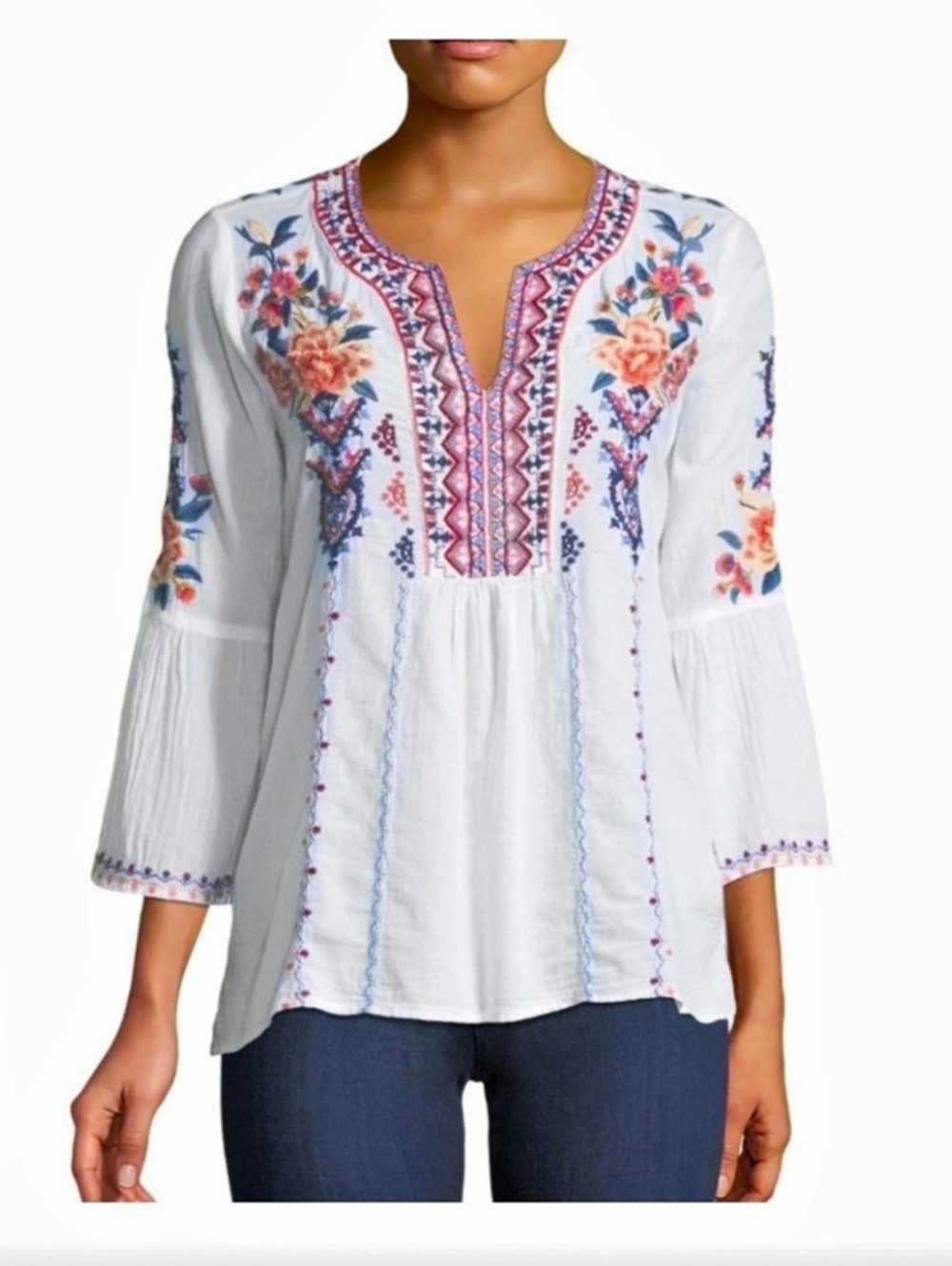 Johnny Was Embroidered Floral Tunic in White Size Medium